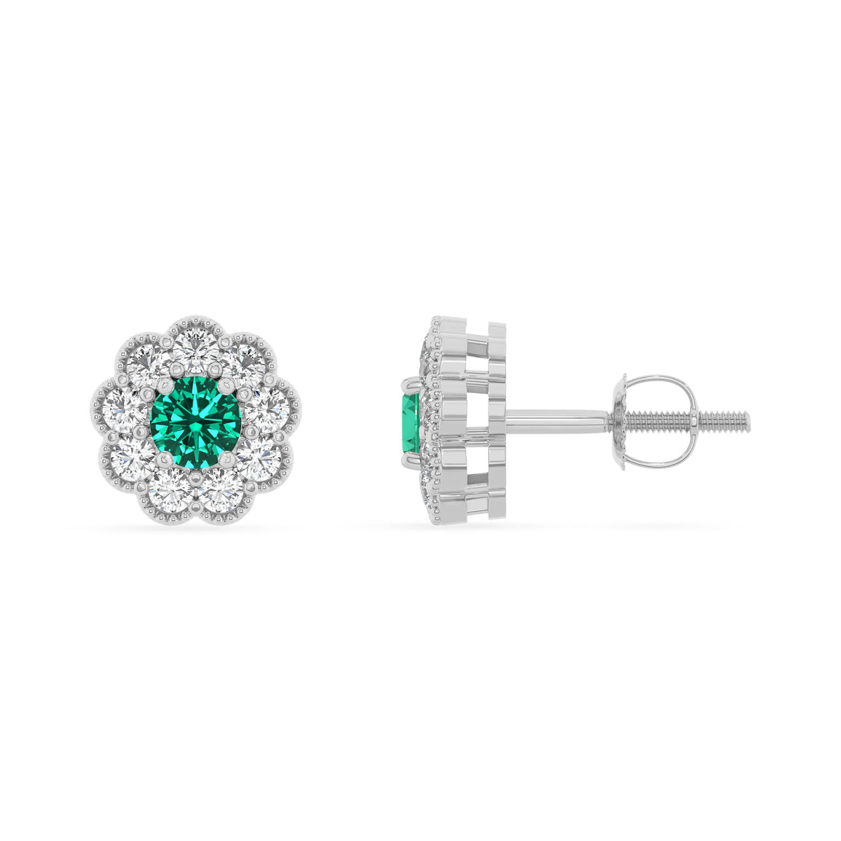 lab grown emerald round stud earrings in white gold 