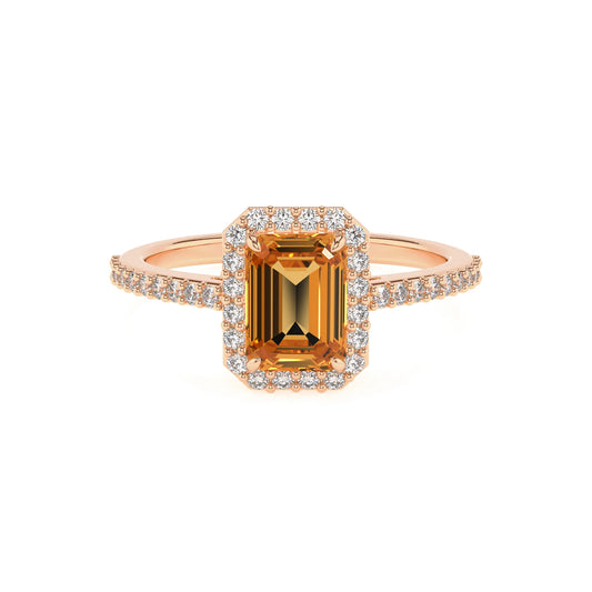 lab grown citrine emerald cut solitaire rings in rose gold 