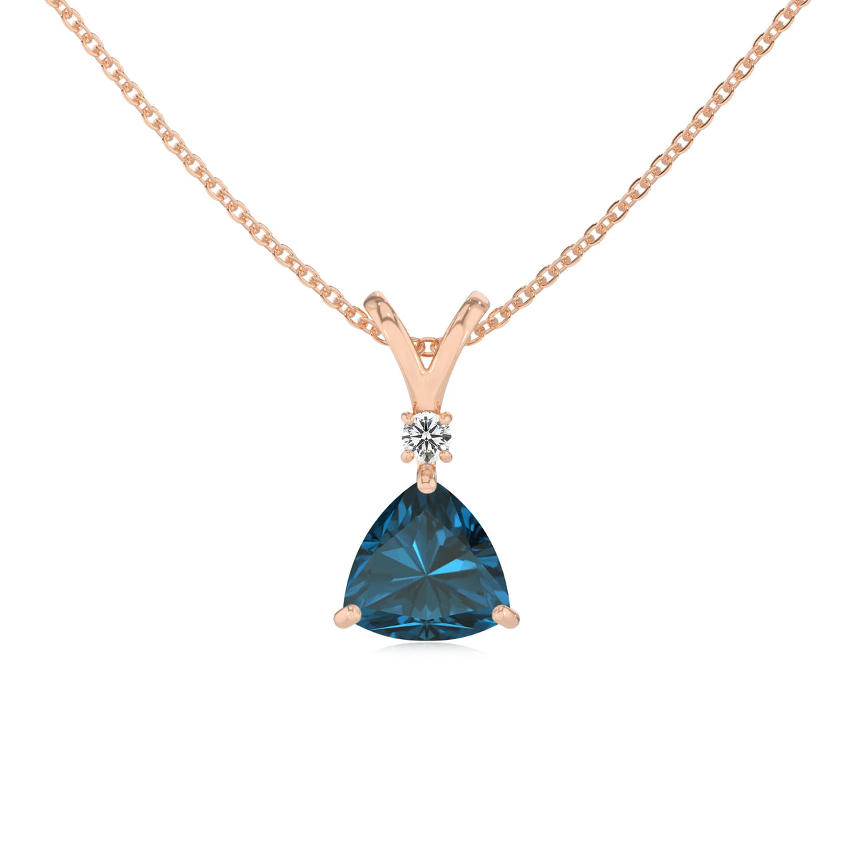 natural london-blue-topaz trillion solitaire v-bale necklaces in rose gold 