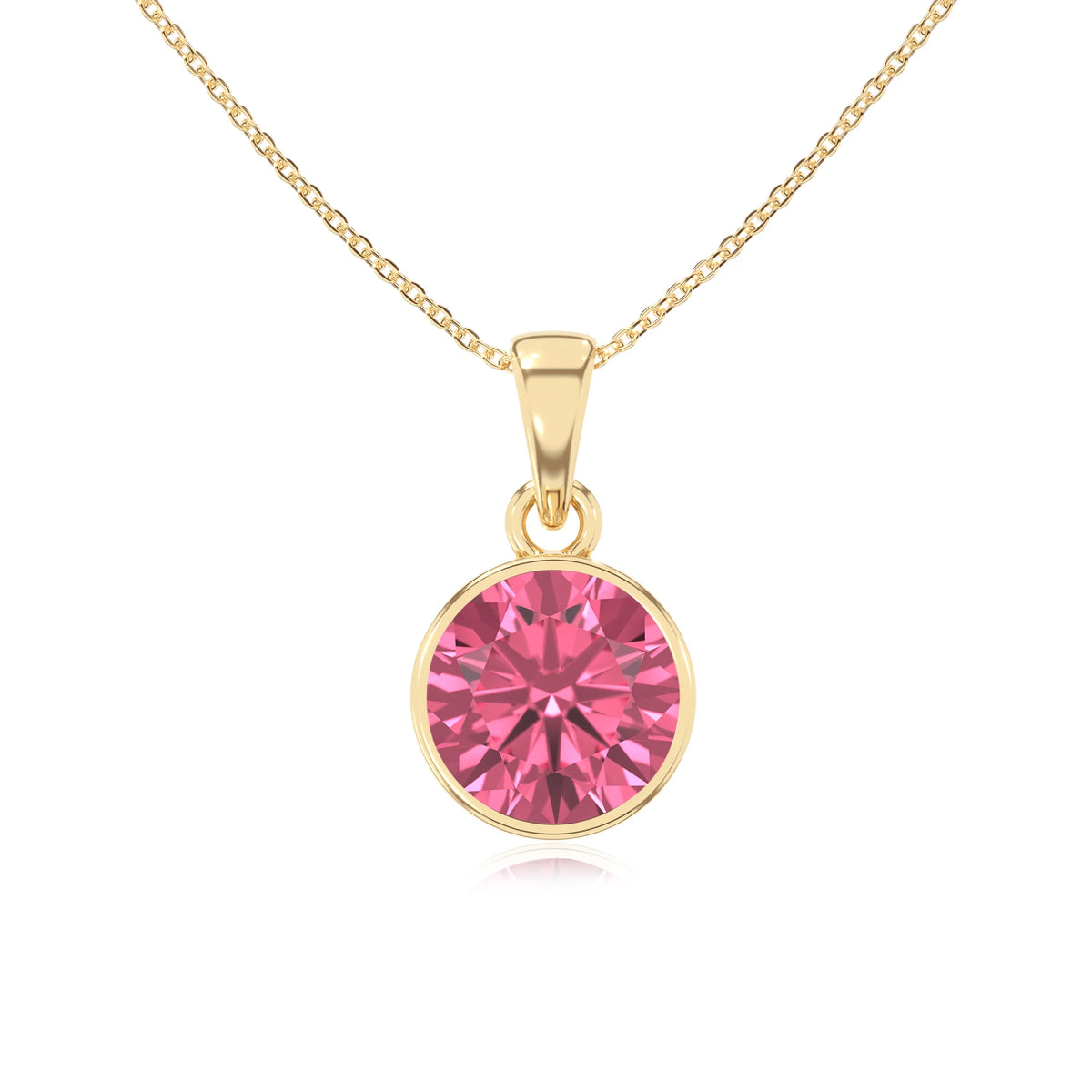 lab grown pink-tourmaline round solitaire necklaces in yellow gold 