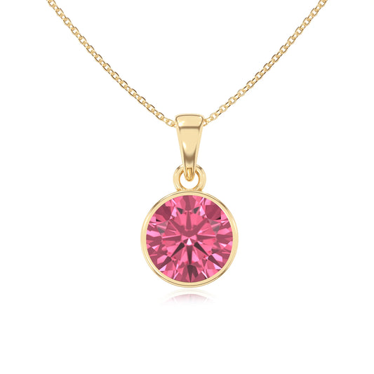 lab grown pink-tourmaline round solitaire necklaces in yellow gold 