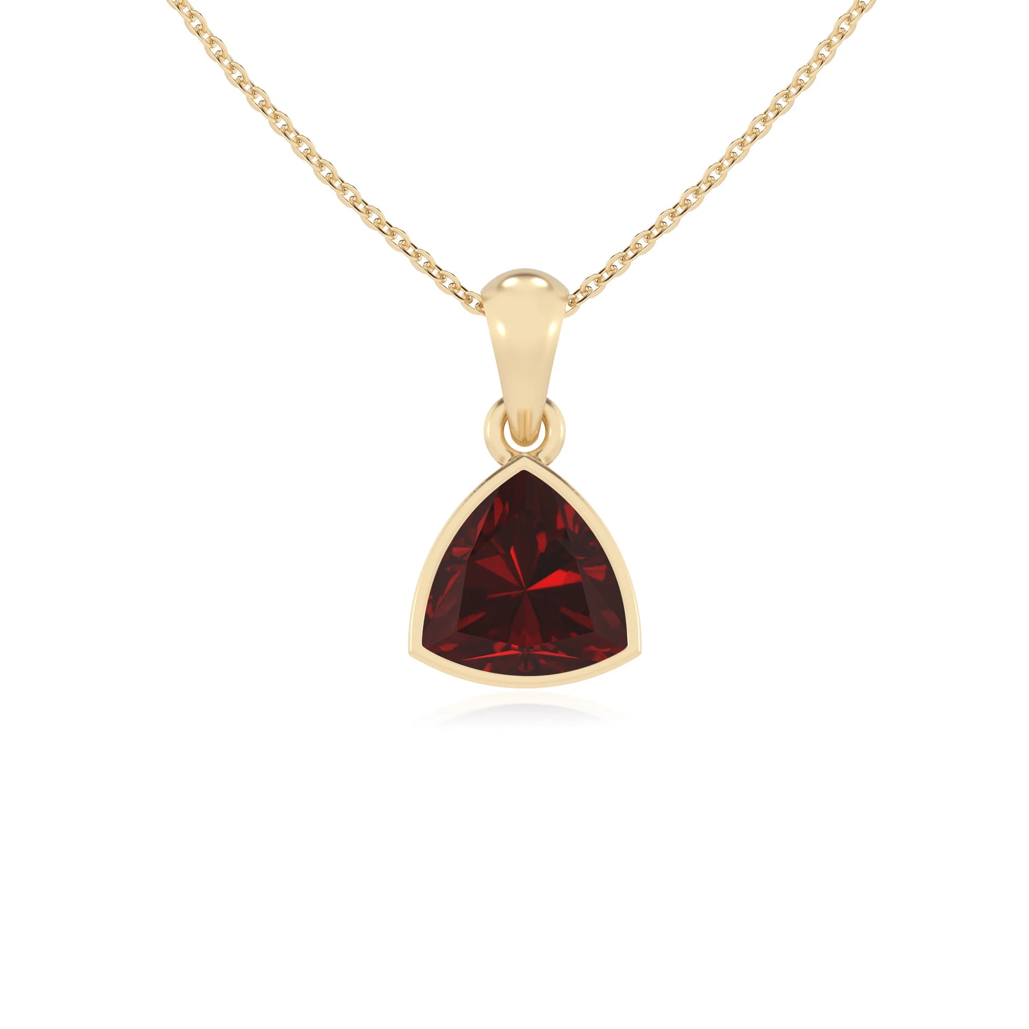 natural garnet trillion solitaire necklaces in yellow gold 
