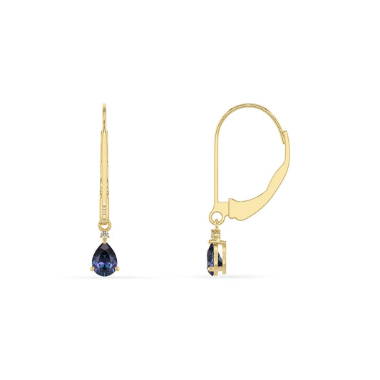 lab grown alexandrite pear drop earrings in yellow gold 