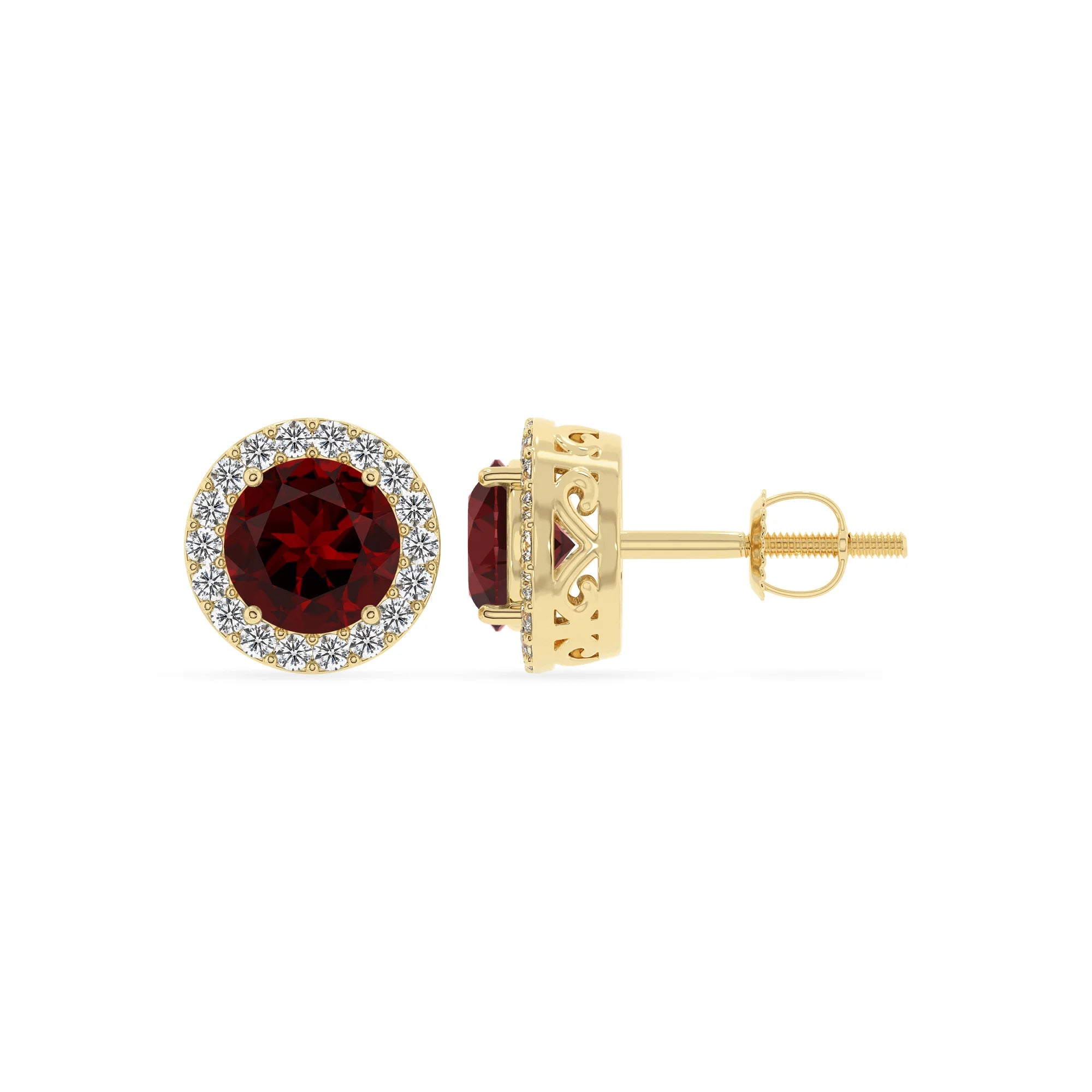 natural garnet round stud earrings in yellow gold 