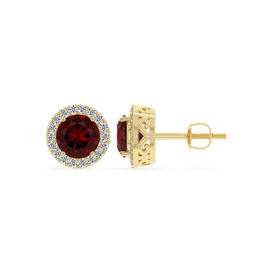 natural garnet round stud earrings in yellow gold 