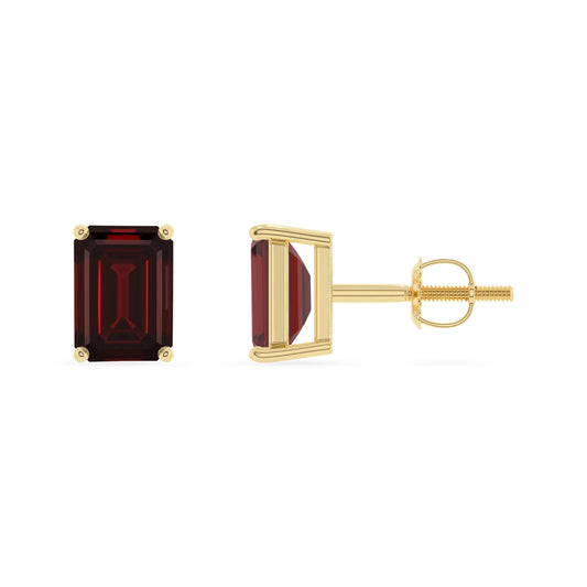 natural garnet emerald cut stud earrings in yellow gold 