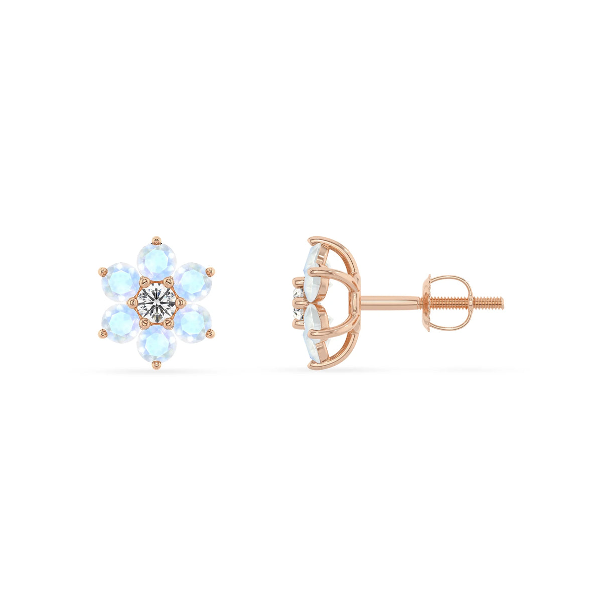 Natural Rainbow Moonstone Round Stud Earrings with Diamond