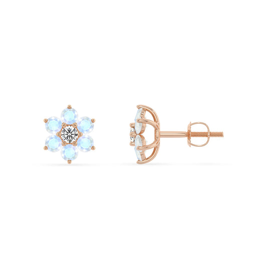 Natural Rainbow Moonstone Round Stud Earrings with Diamond