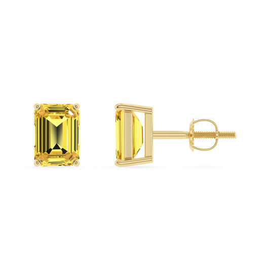 lab grown yellow sapphire emerald cut stud earrings in yellow gold 