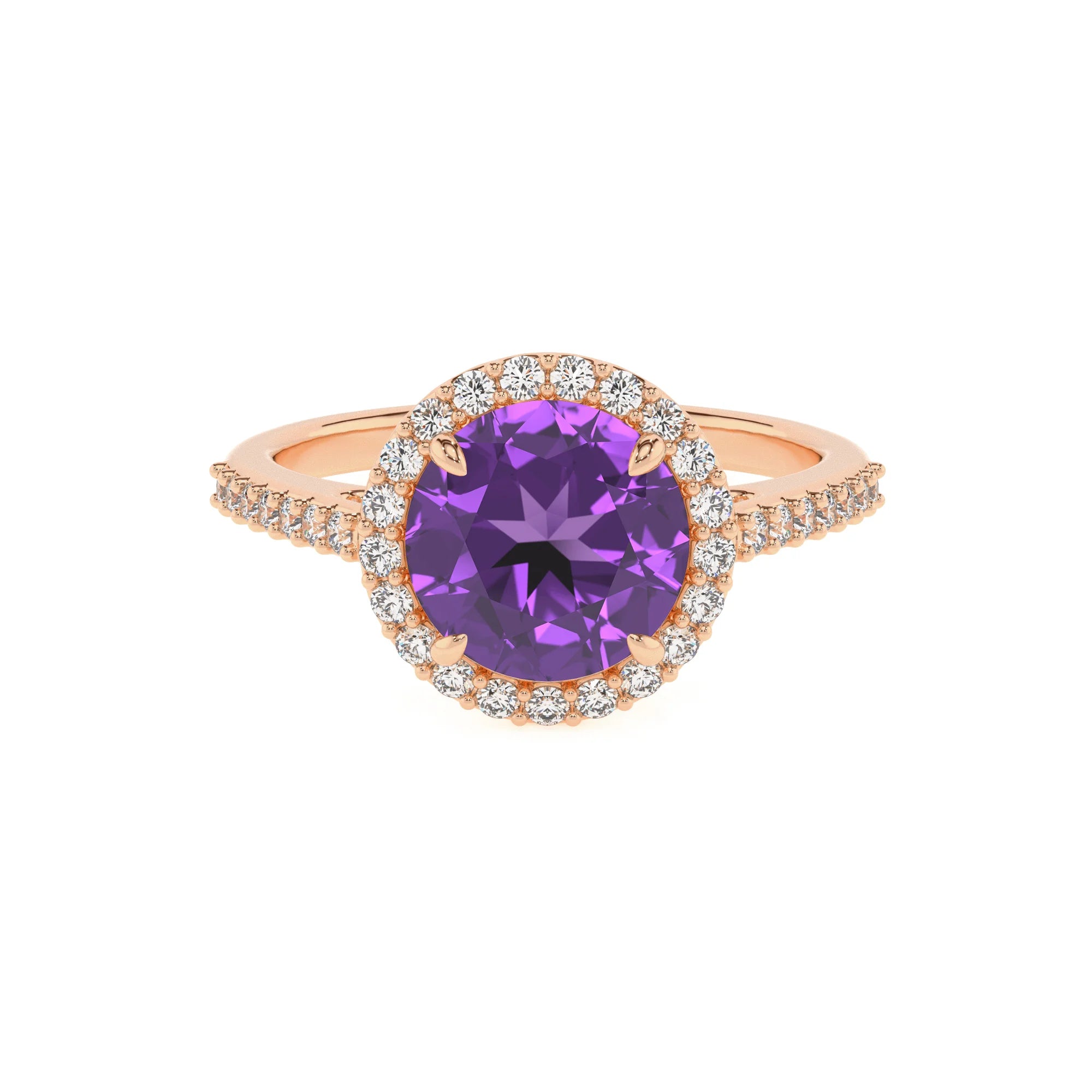 lab grown amethyst round solitaire rings in rose gold 