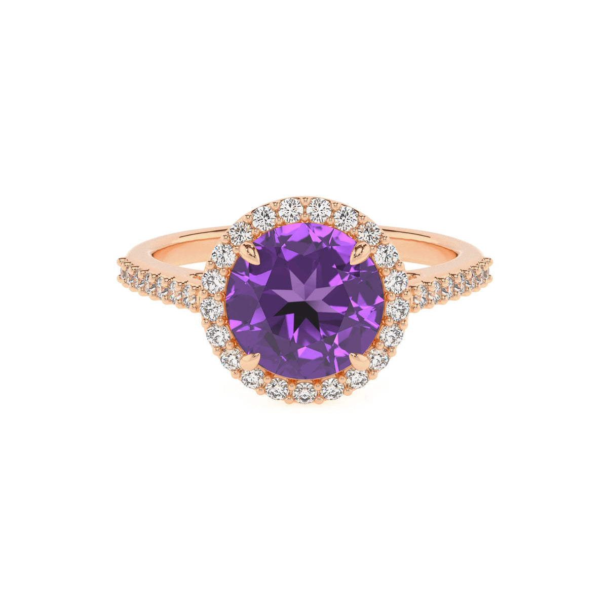 lab grown amethyst round solitaire rings in rose gold 