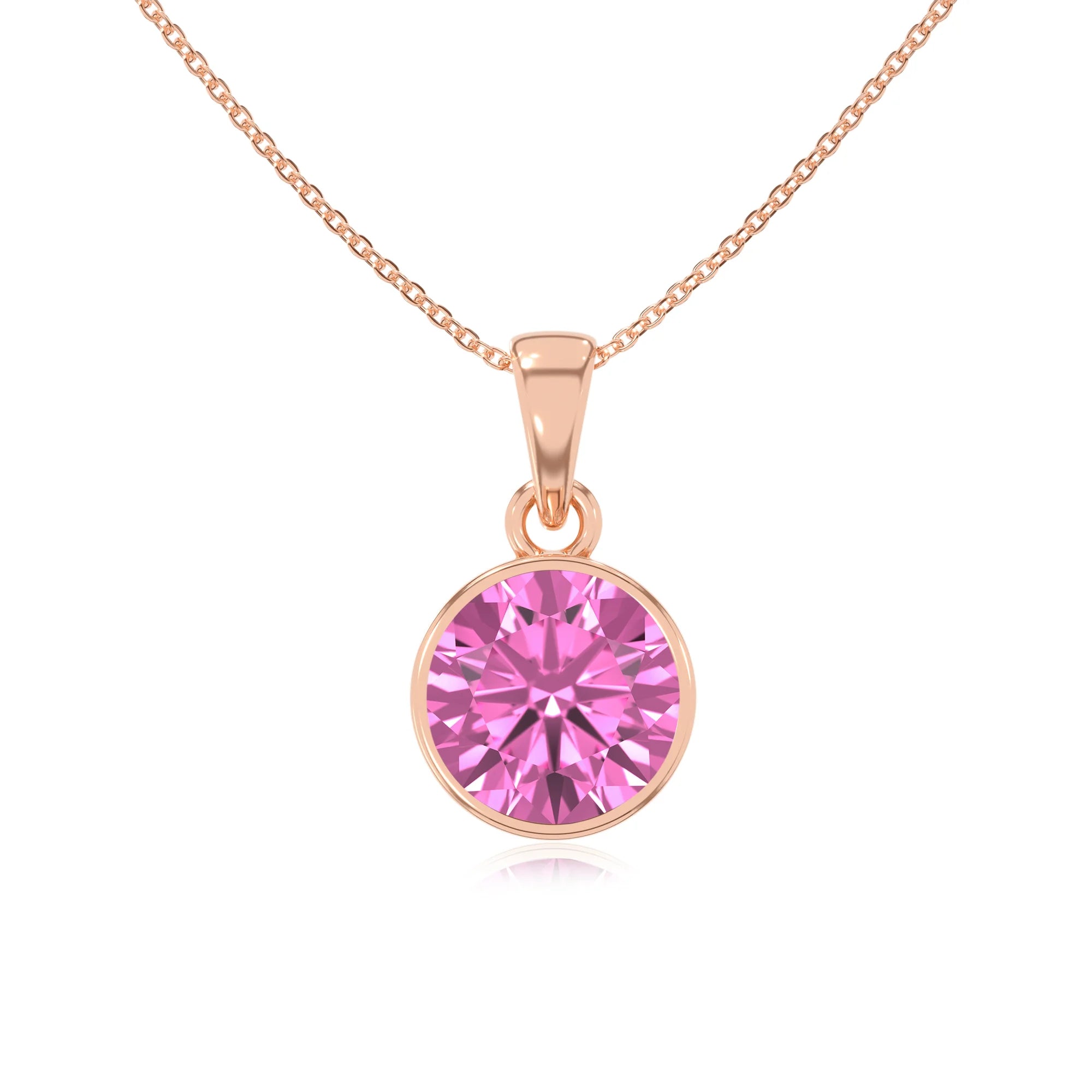 lab grown pink-sapphire round solitaire necklaces in rose gold 