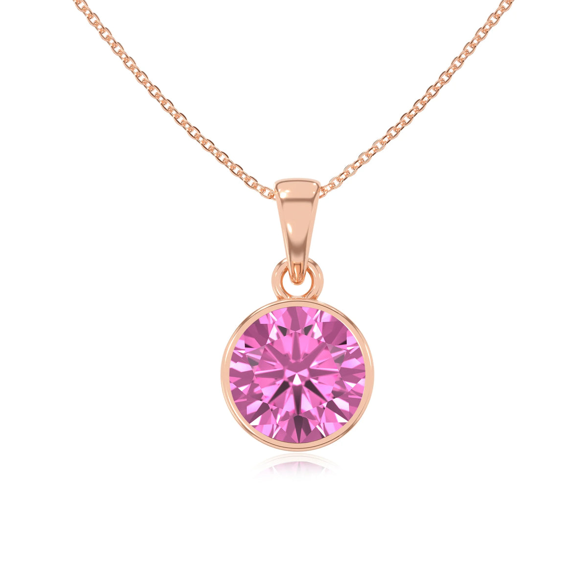 lab grown pink-sapphire round solitaire necklaces in rose gold 