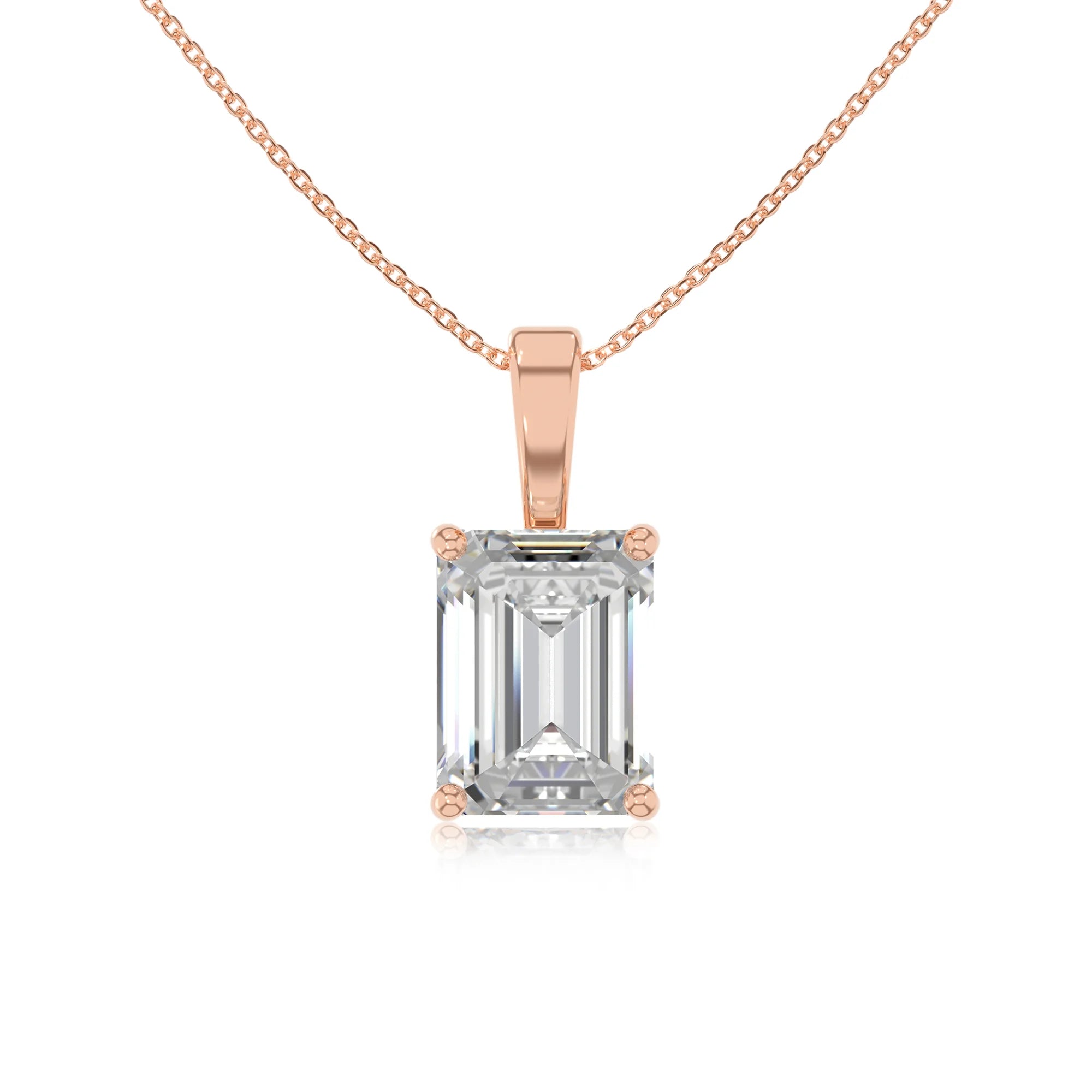 lab grown moissanite emerald cut solitaire necklaces in rose gold 