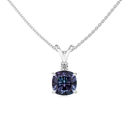 lab grown alexandrite cushion solitaire v-bale necklaces in platinum 