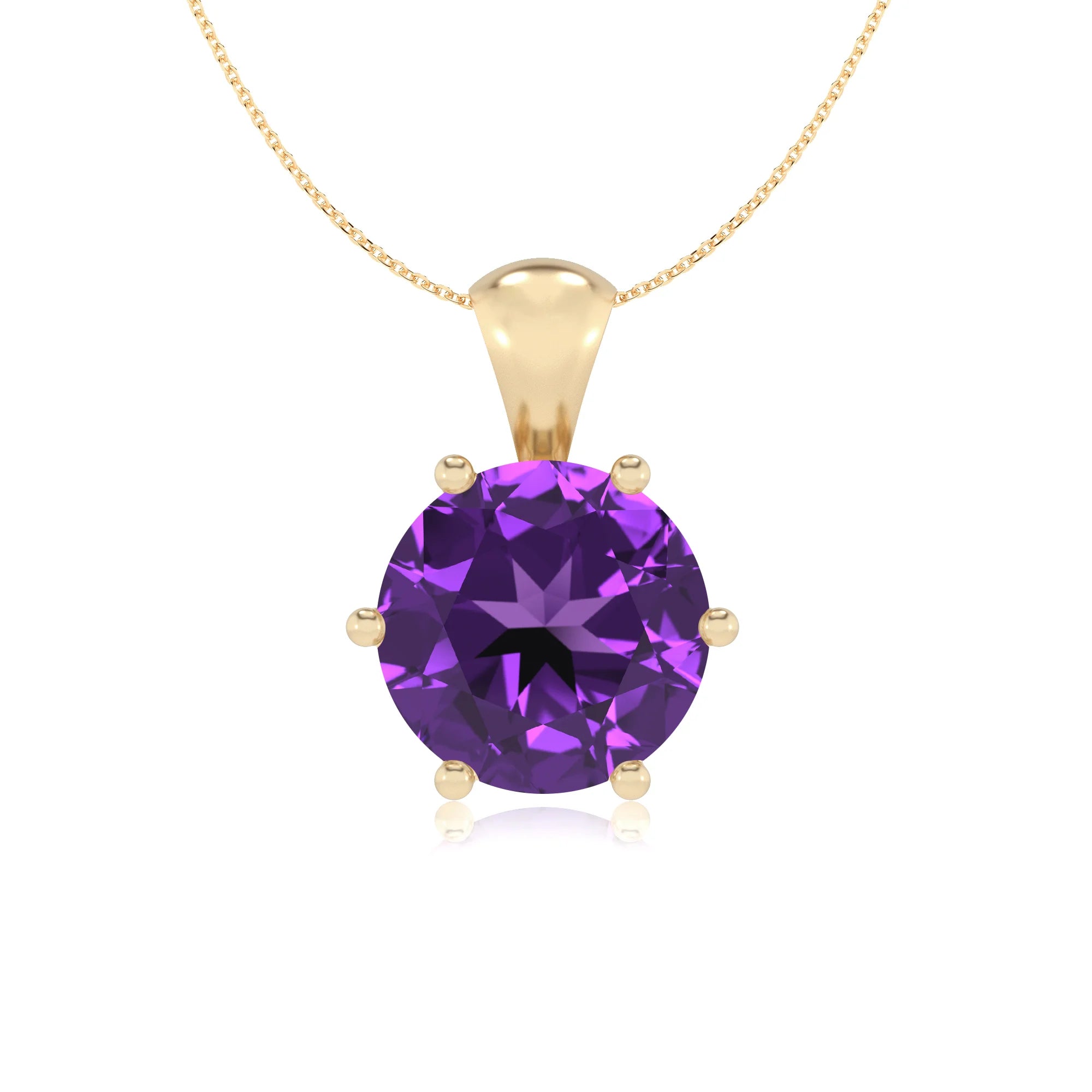 lab grown amethyst round solitaire necklaces in yellow gold 