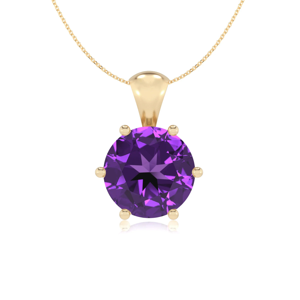 lab grown amethyst round solitaire necklaces in yellow gold 