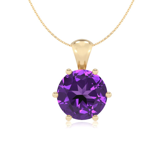 lab grown amethyst round solitaire necklaces in yellow gold 