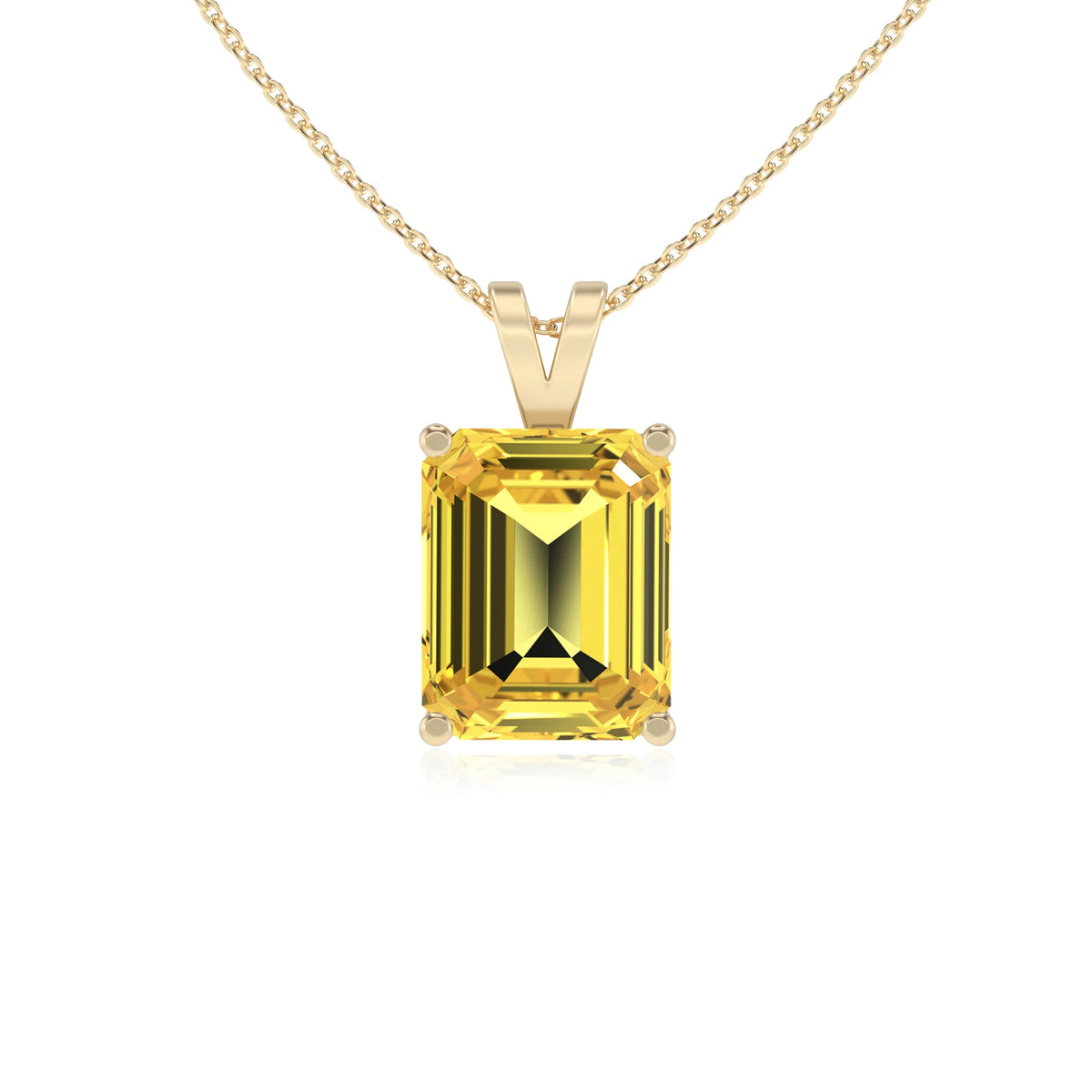 lab grown yellow-sapphire emerald cut solitaire v-bale necklaces in yellow gold 