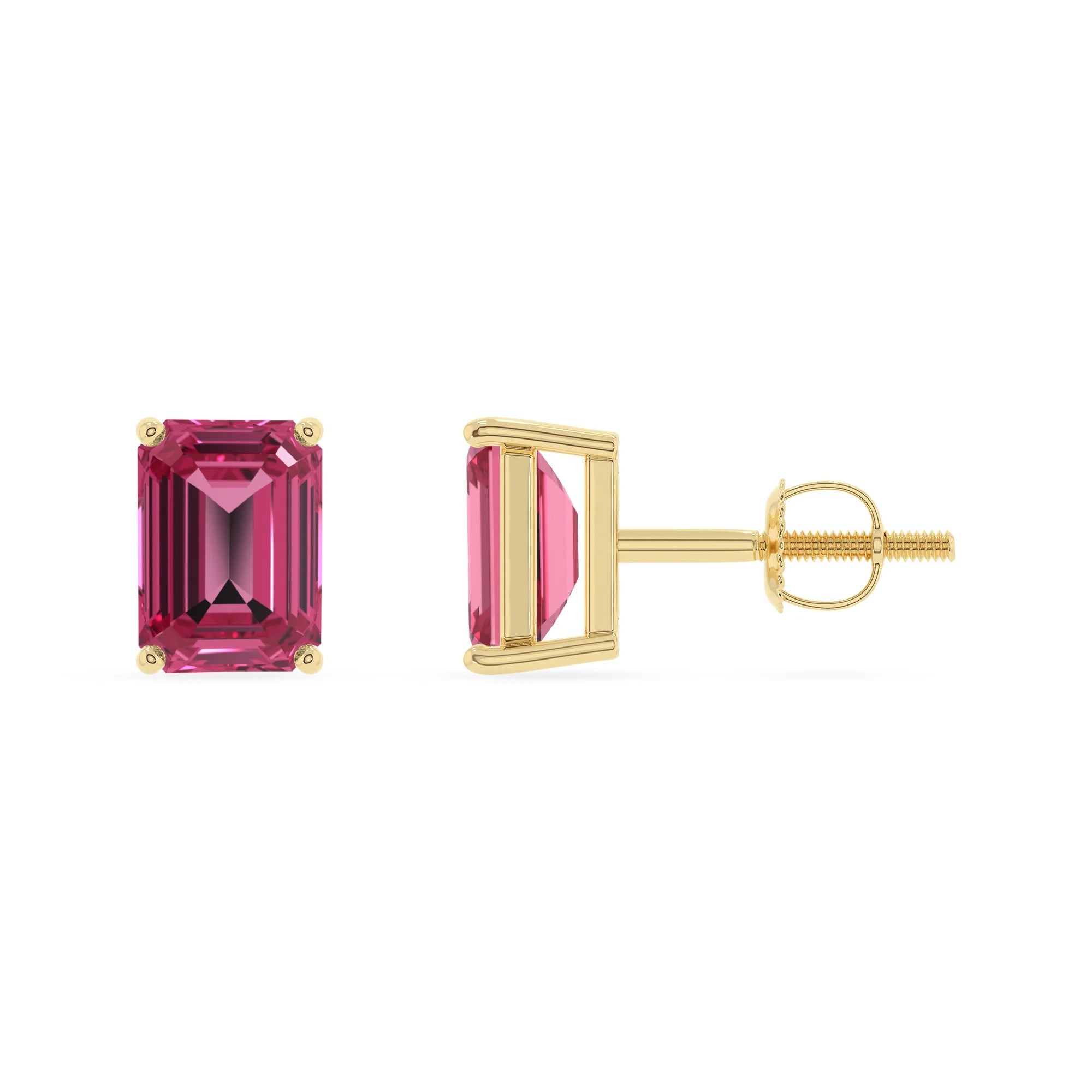 lab grown pink tourmaline emerald cut stud earrings in yellow gold 