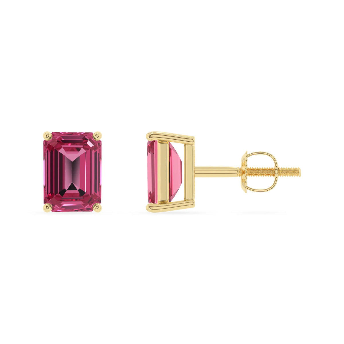 lab grown pink tourmaline emerald cut stud earrings in yellow gold 