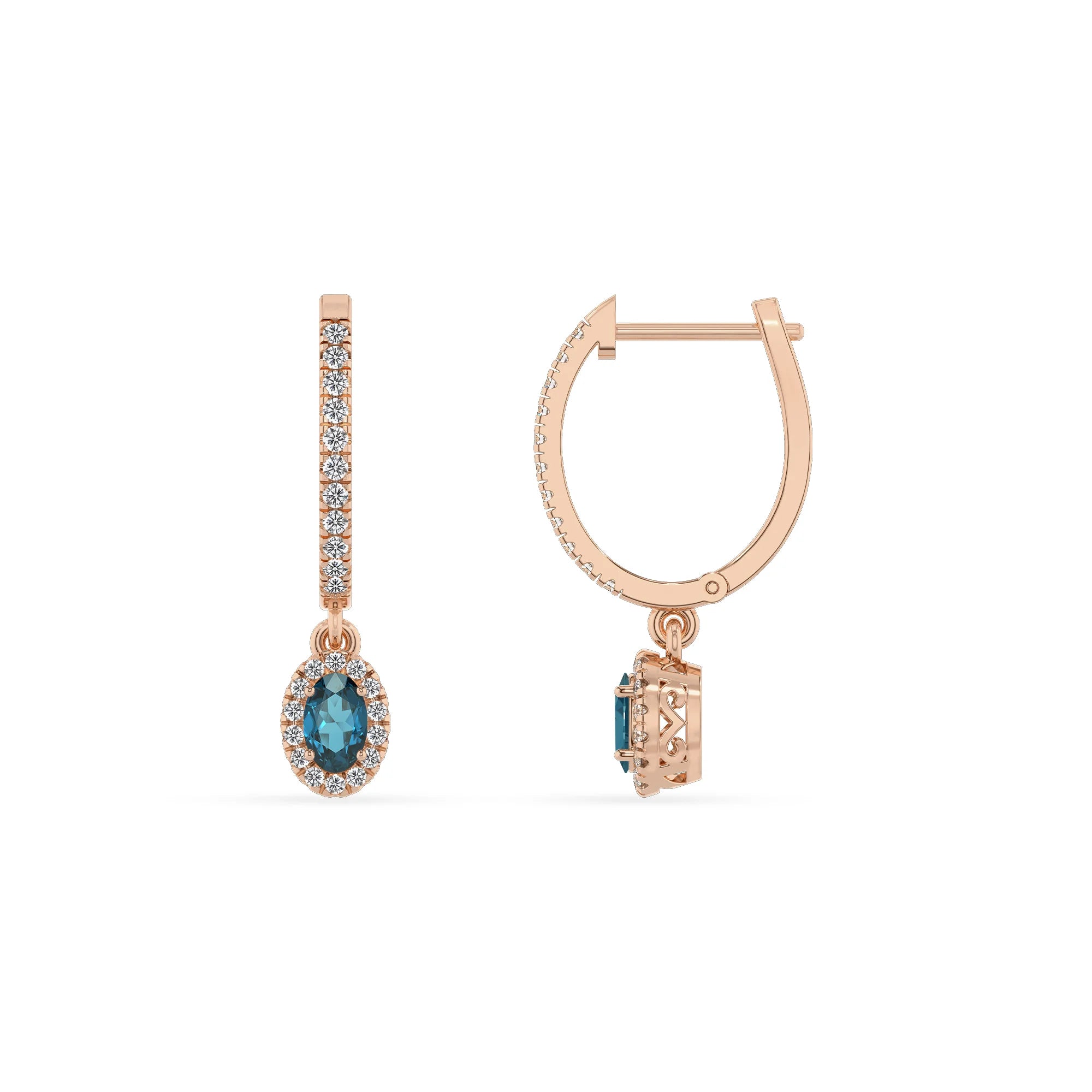 natural london blue topaz oval drop earrings in rose gold 