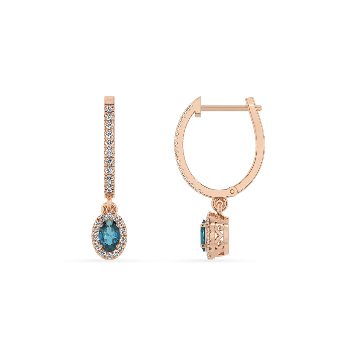 natural london blue topaz oval drop earrings in rose gold 