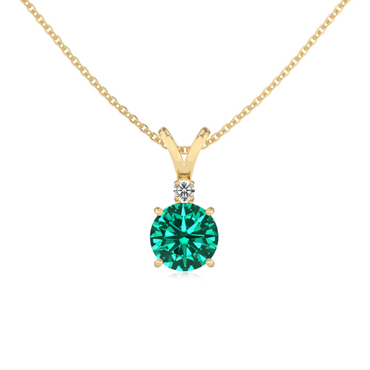 lab grown emerald round solitaire v-bale necklaces in yellow gold 