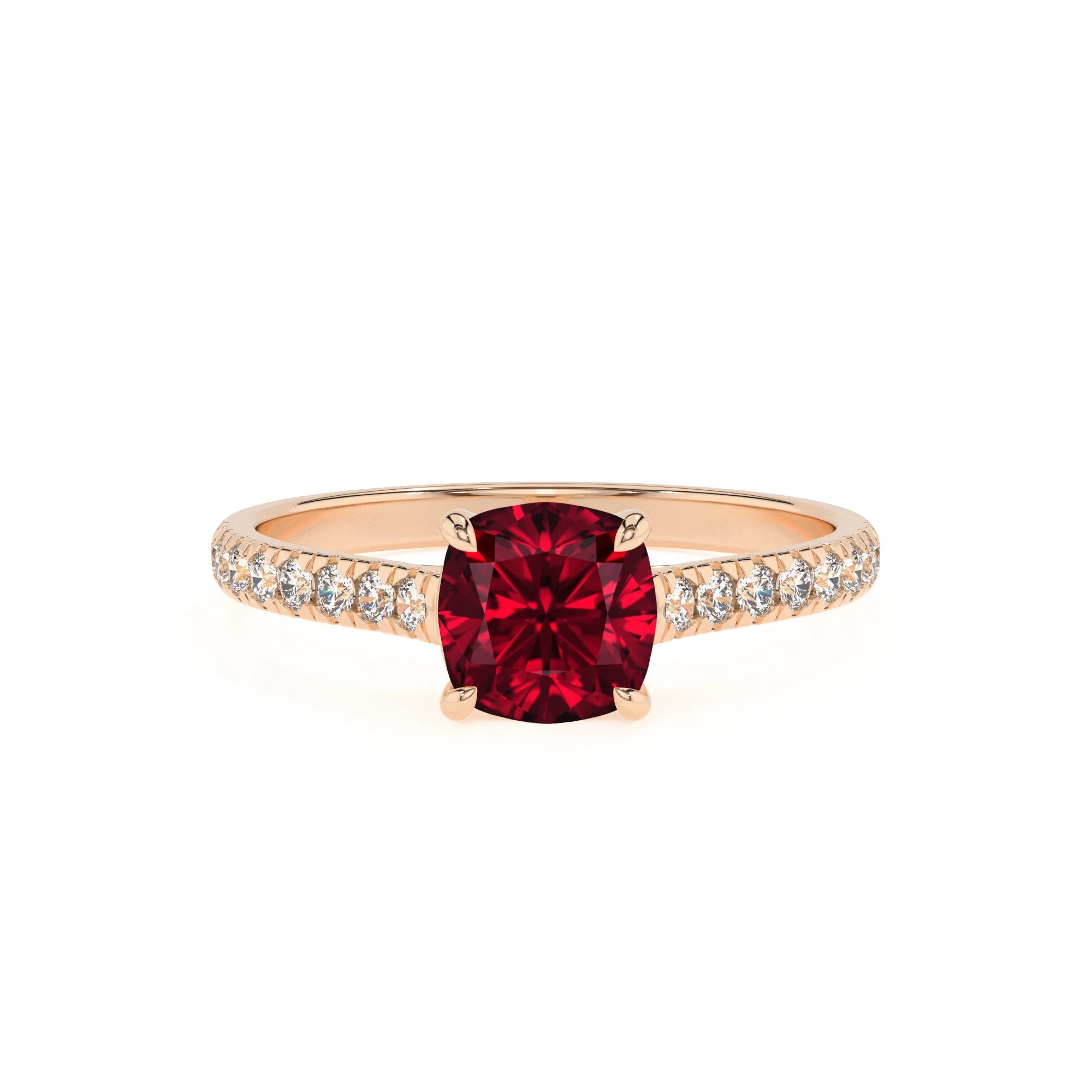 lab grown ruby cushion half eternity solitaire engagement rings in rose gold 