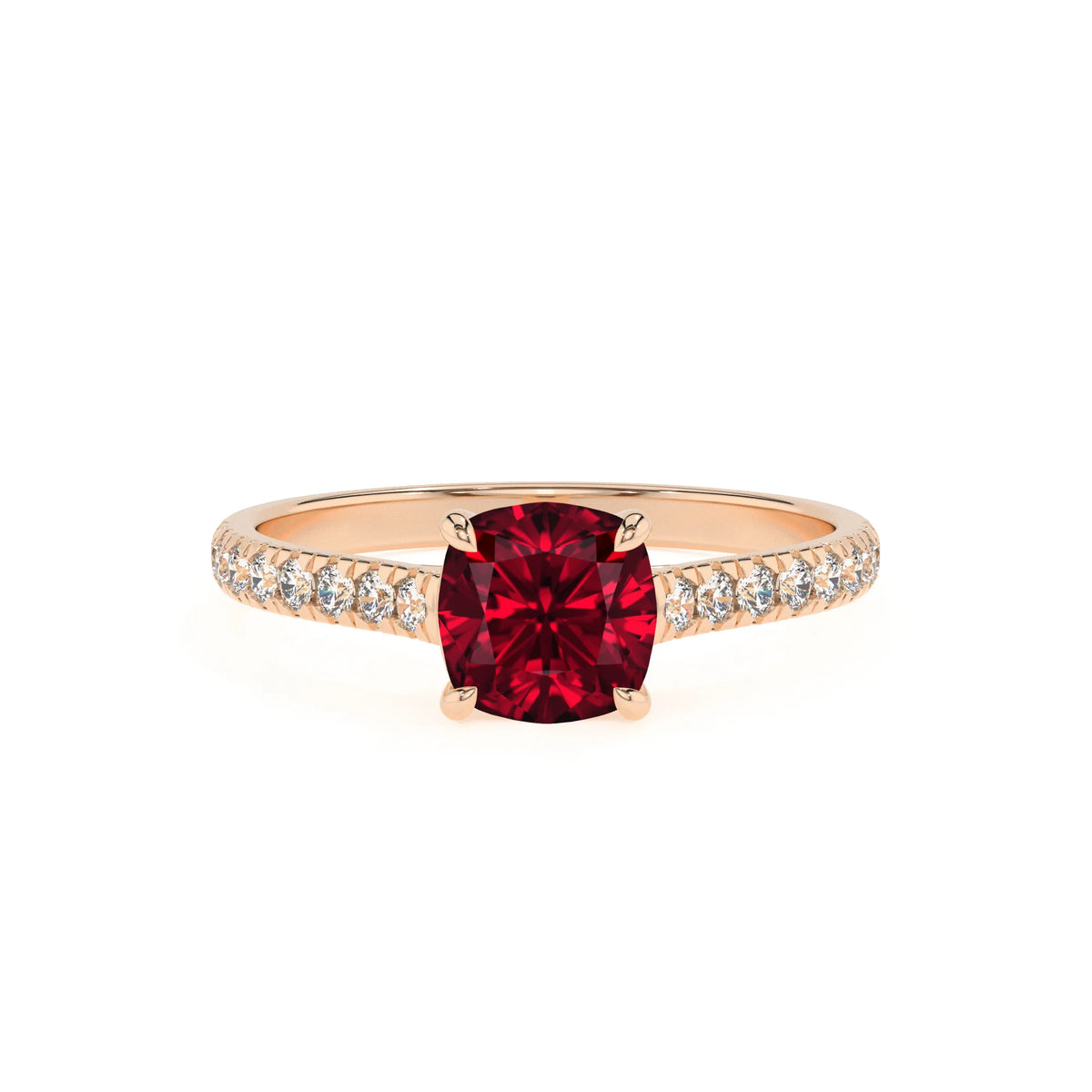 lab grown ruby cushion half eternity solitaire engagement rings in rose gold 