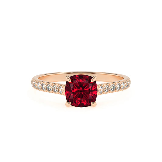 lab grown ruby cushion half eternity solitaire engagement rings in rose gold 