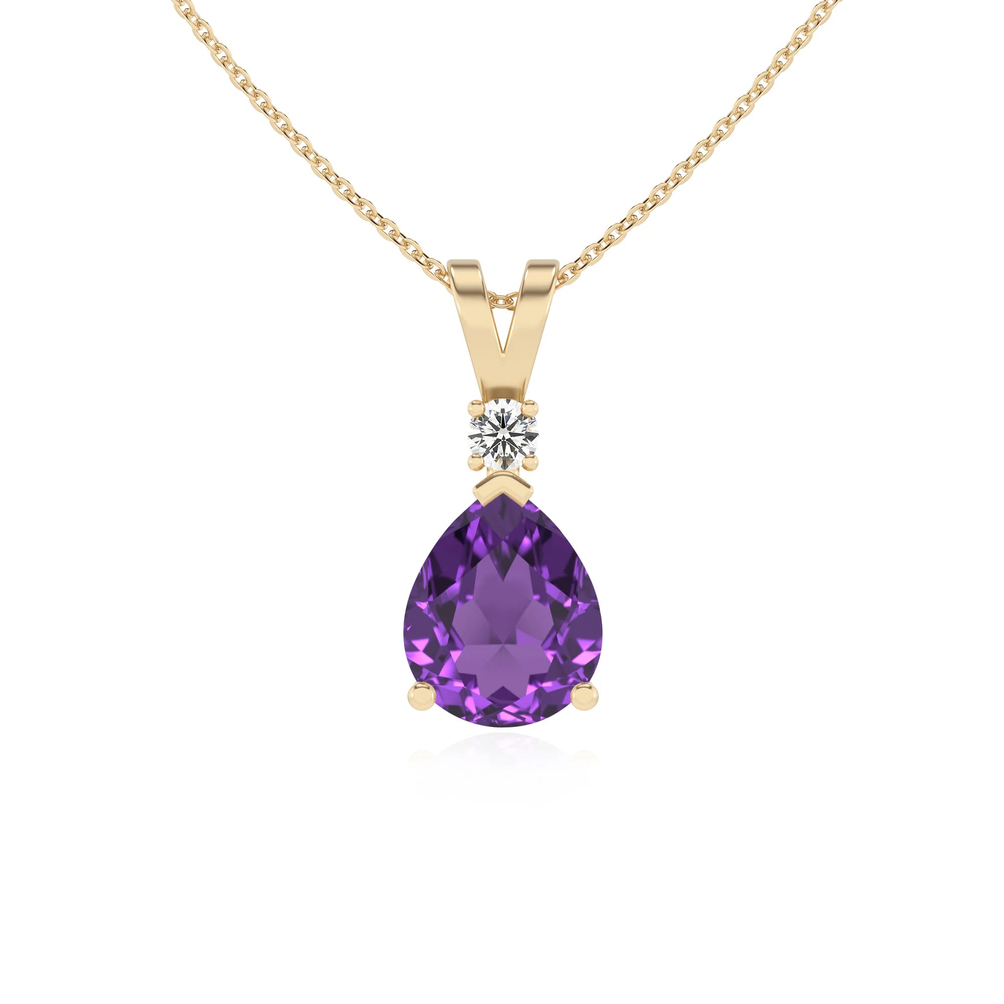 lab grown amethyst pear solitaire v-bale necklaces in yellow gold 