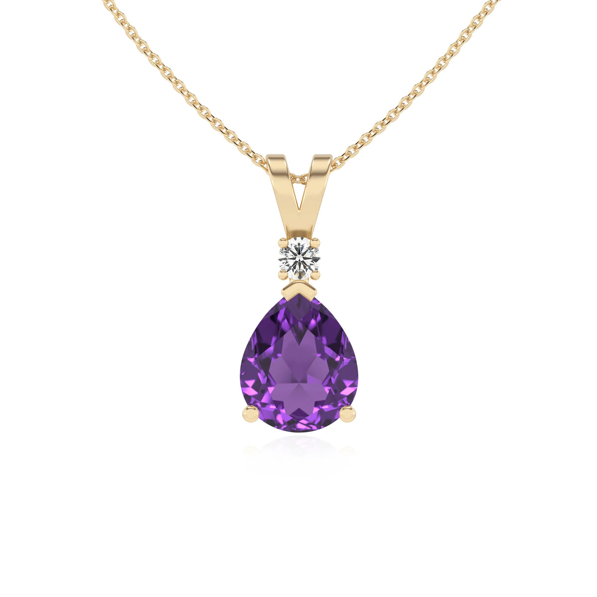 lab grown amethyst pear solitaire v-bale necklaces in yellow gold 
