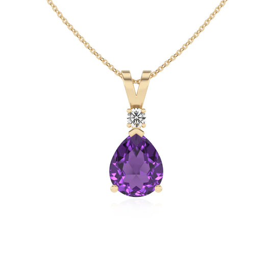 lab grown amethyst pear solitaire v-bale necklaces in yellow gold 