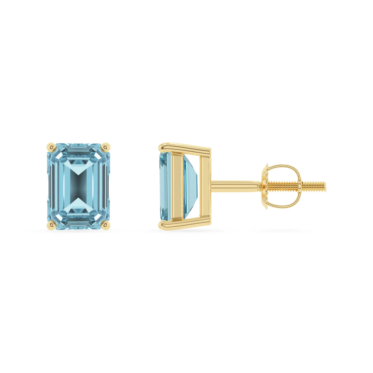 lab grown aquamarine emerald cut stud earrings in yellow gold 