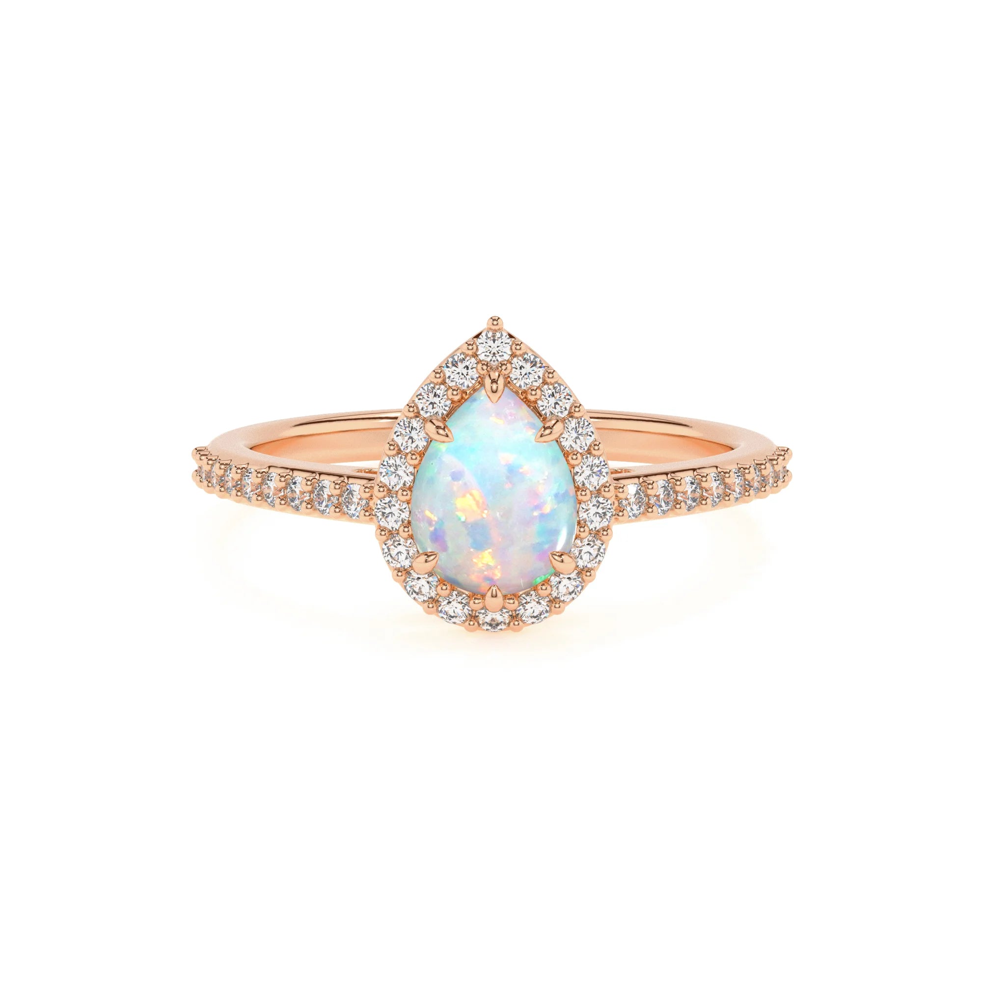 lab grown opal pear solitaire rings in rose gold 
