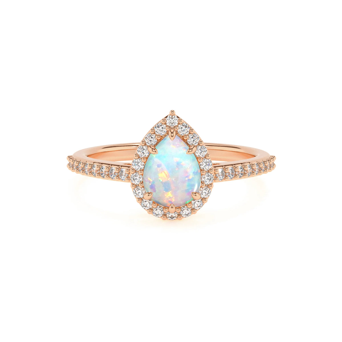 lab grown opal pear solitaire rings in rose gold 