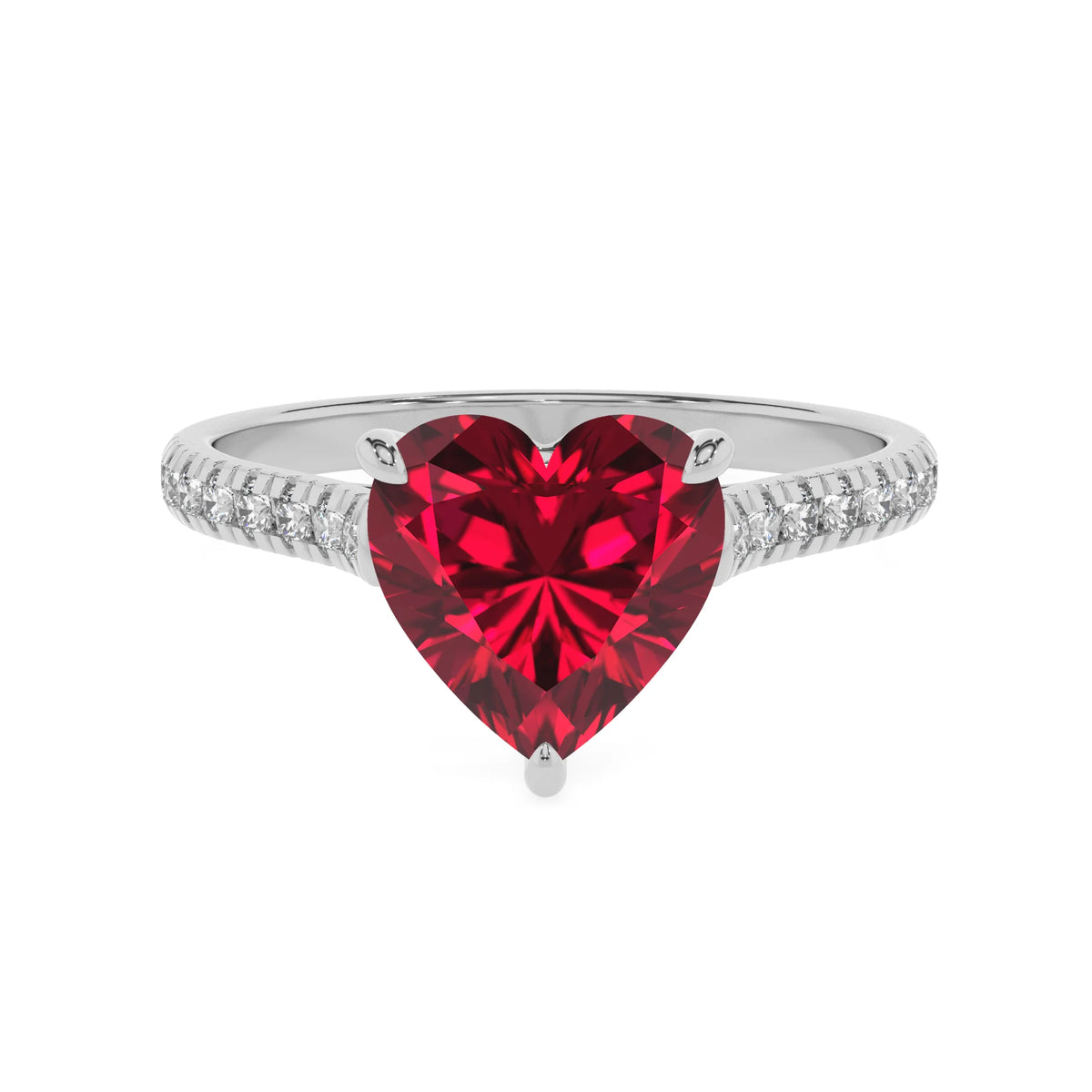 lab grown ruby heart half eternity solitaire engagement rings in platinum 