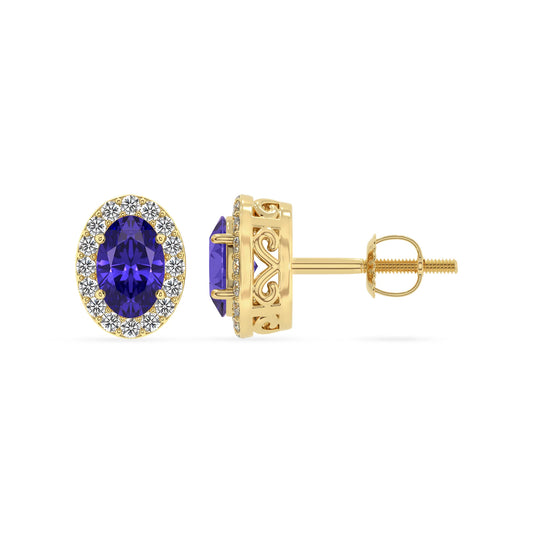 lab grown tanzanite oval stud earrings in yellow gold 