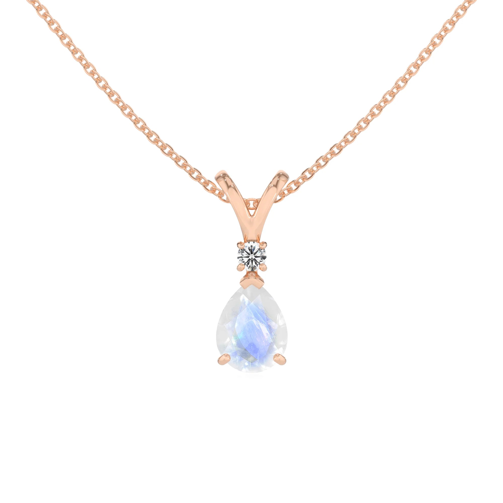 natural rainbow-moonstone pear solitaire v-bale necklaces in rose gold 