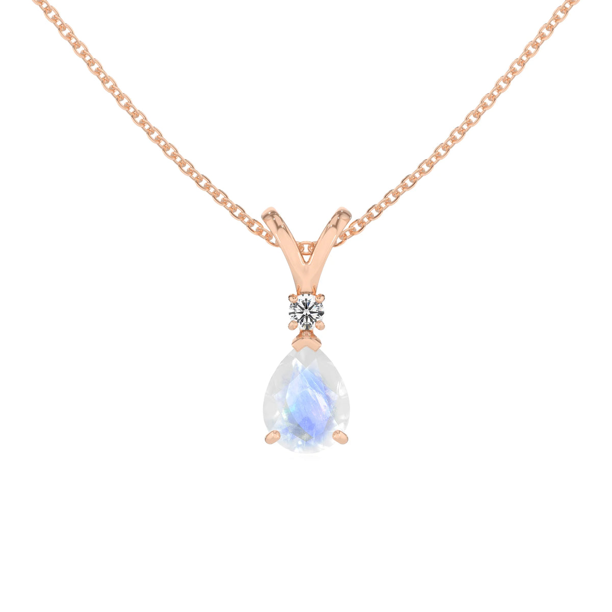 natural rainbow-moonstone pear solitaire v-bale necklaces in rose gold 