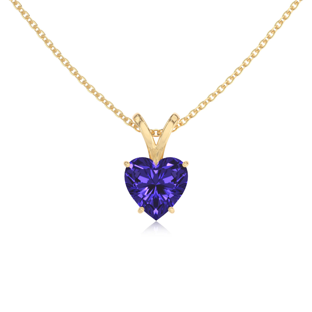 lab grown tanzanite heart solitaire v-bale necklaces in yellow gold 