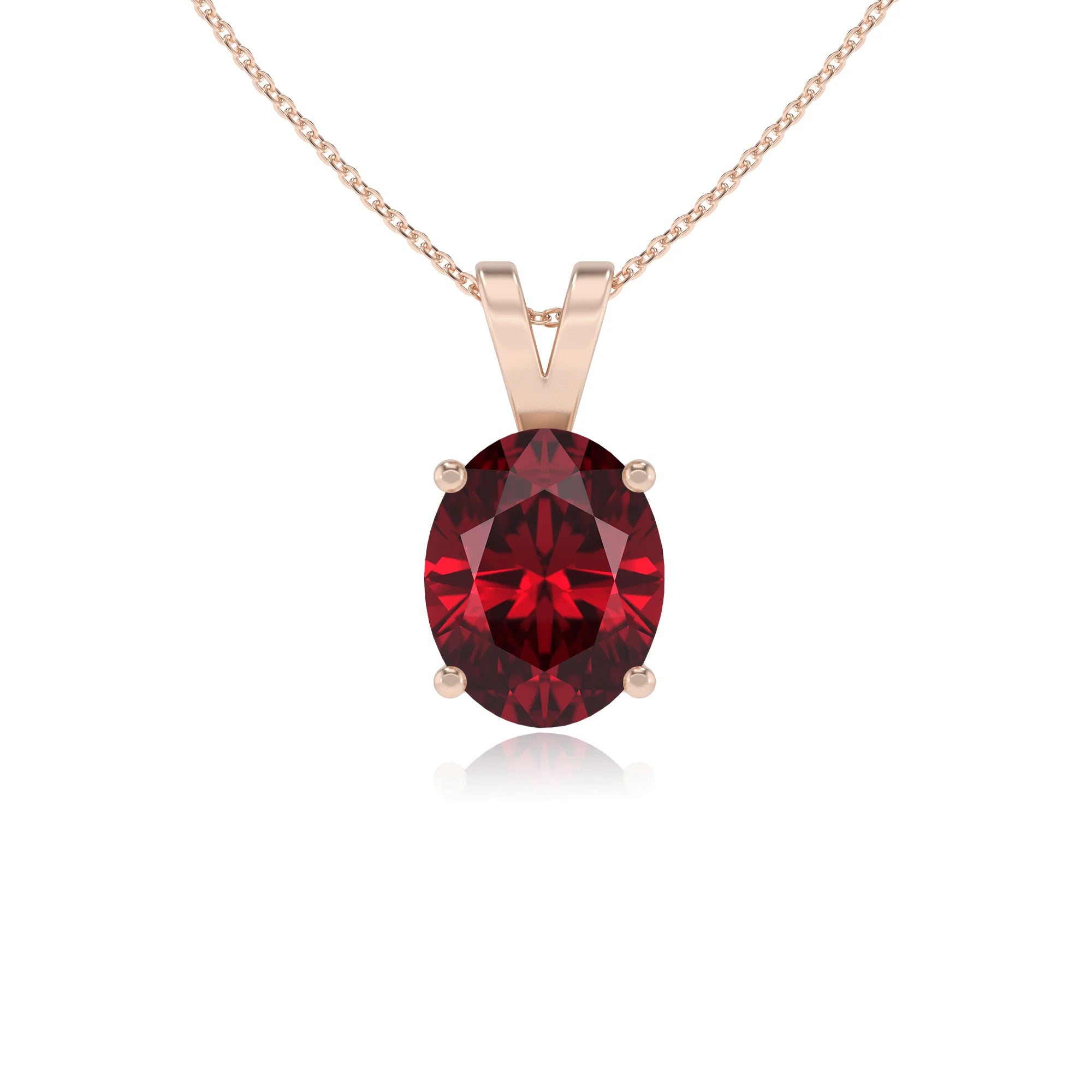 lab grown ruby oval solitaire v-bale necklaces in rose gold 