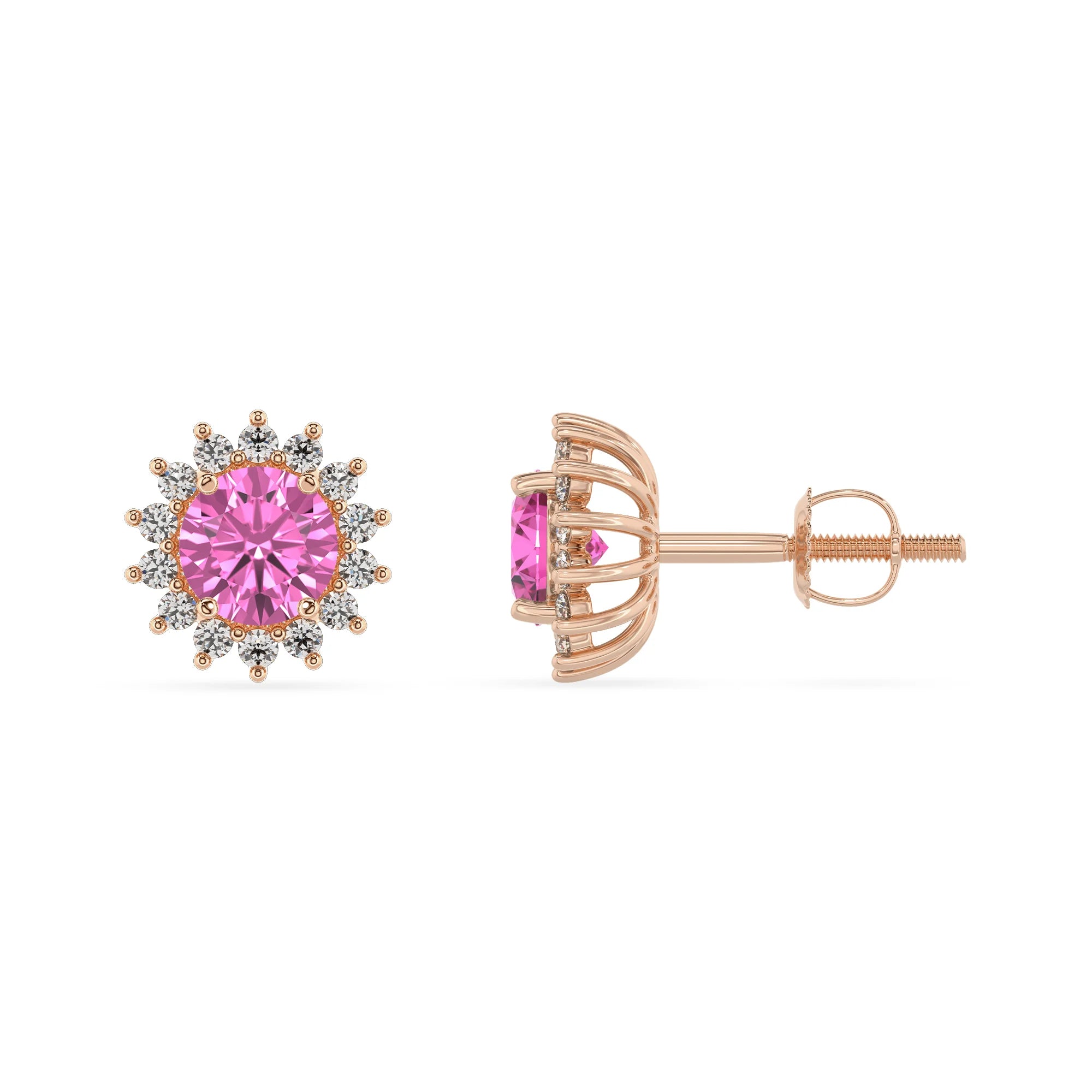 lab grown pink sapphire round stud earrings in rose gold 