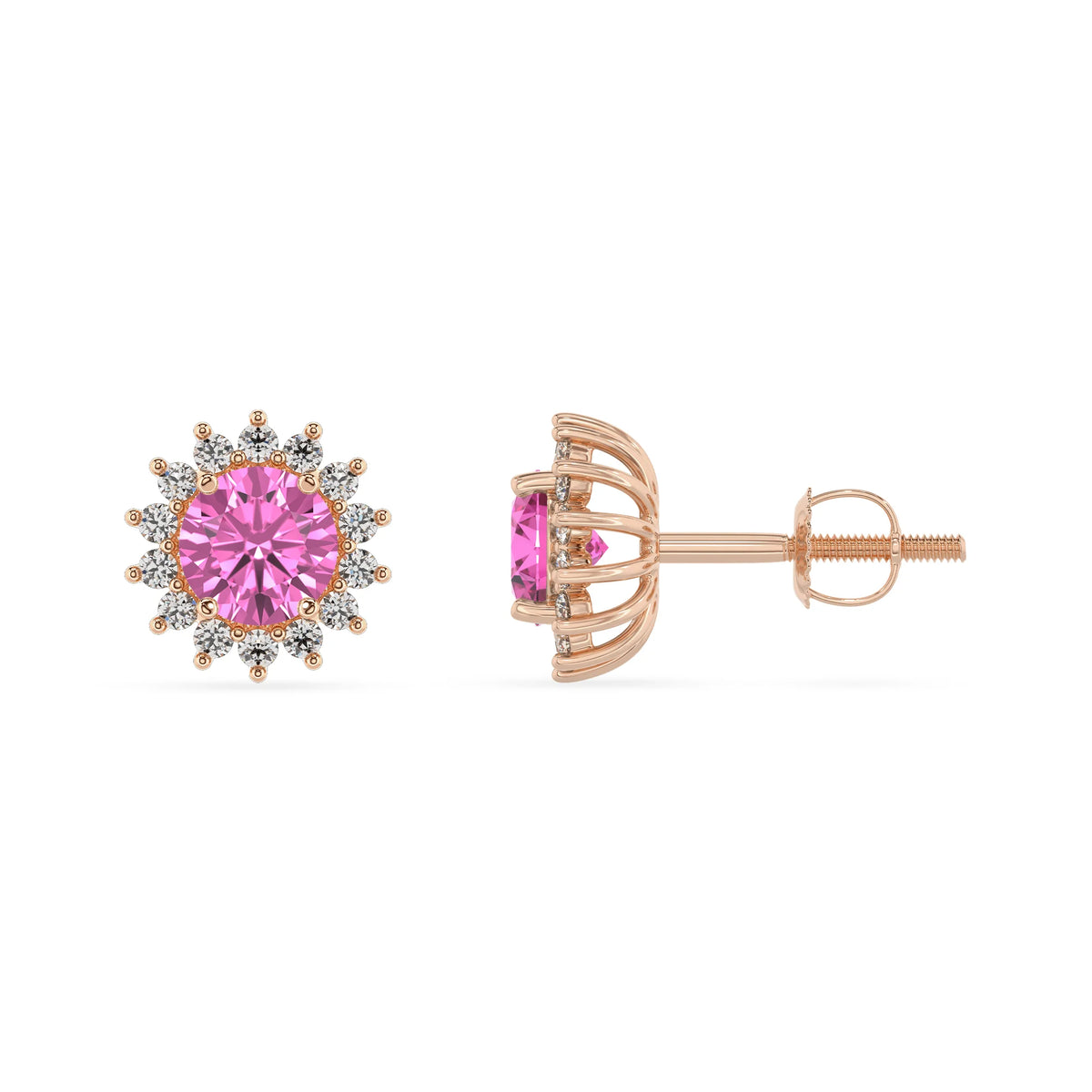 lab grown pink sapphire round stud earrings in rose gold 