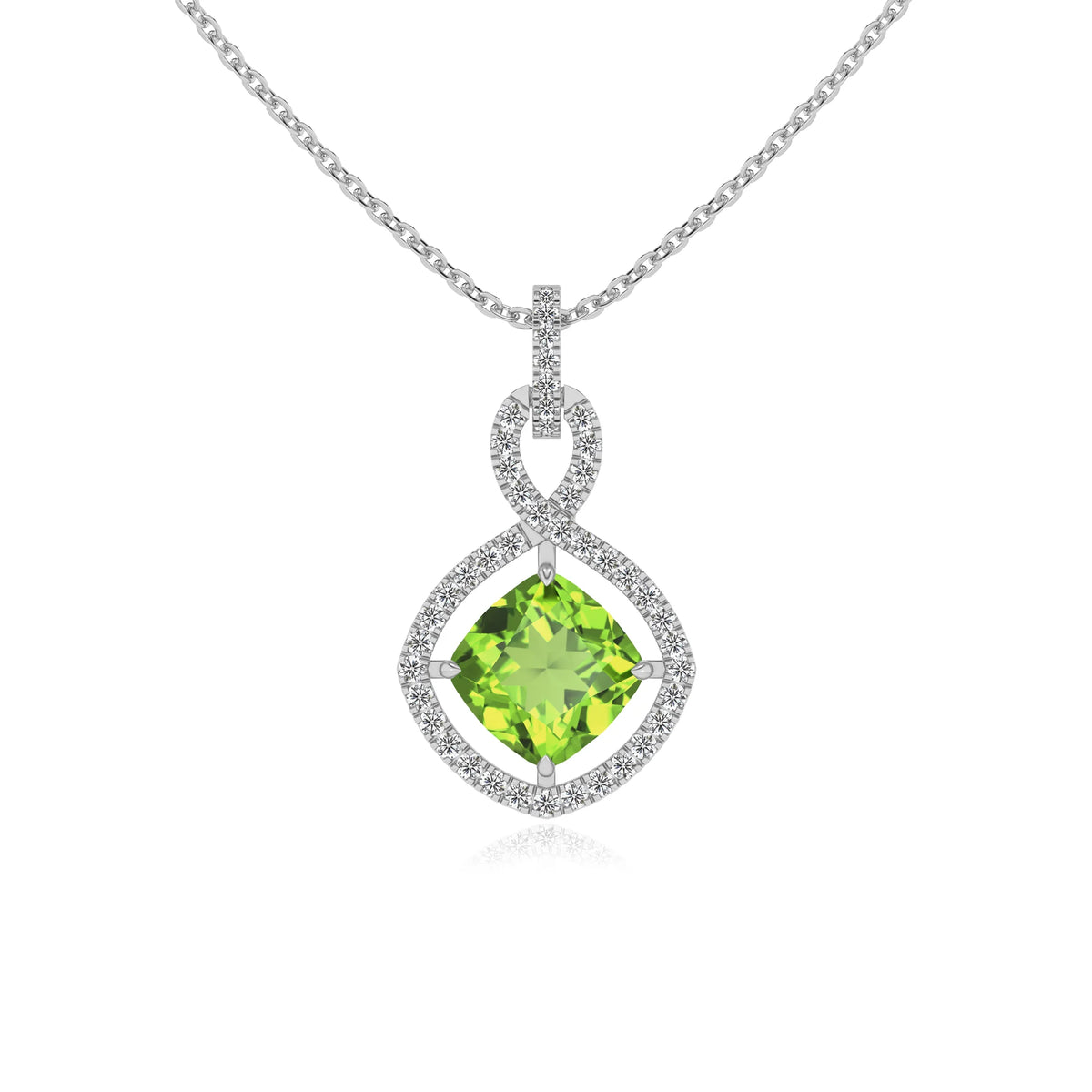 natural peridot cushion infinity necklaces in white gold 