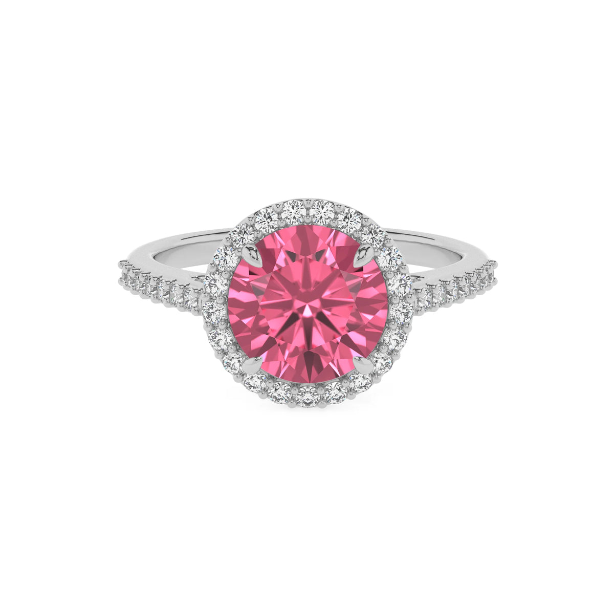 lab grown pink-tourmaline round solitaire rings in platinum 