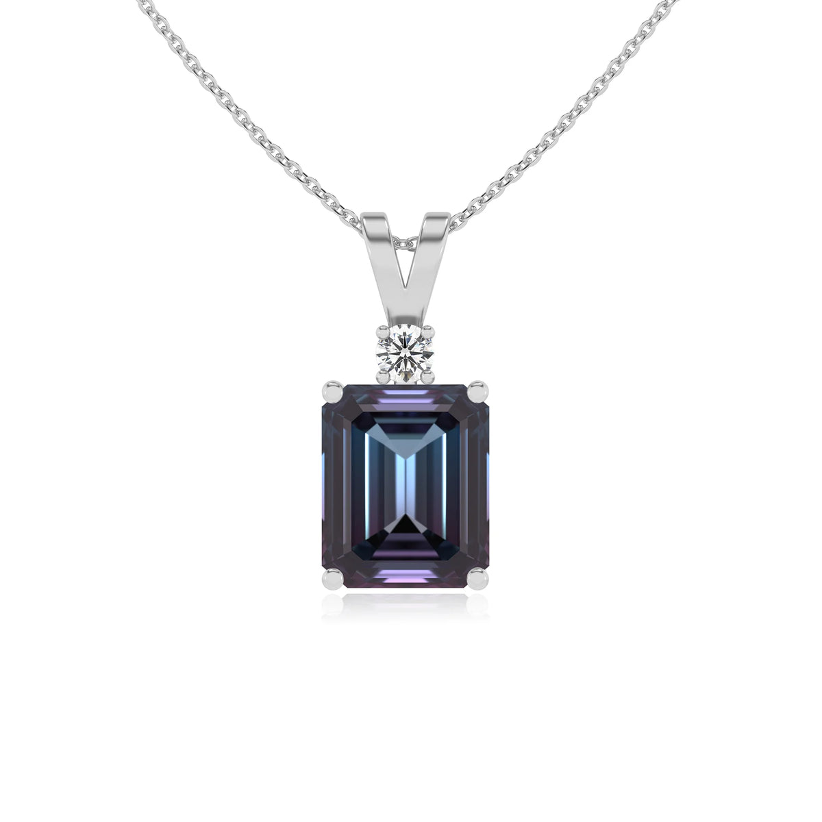 lab grown alexandrite emerald cut solitaire v-bale necklaces in white gold 