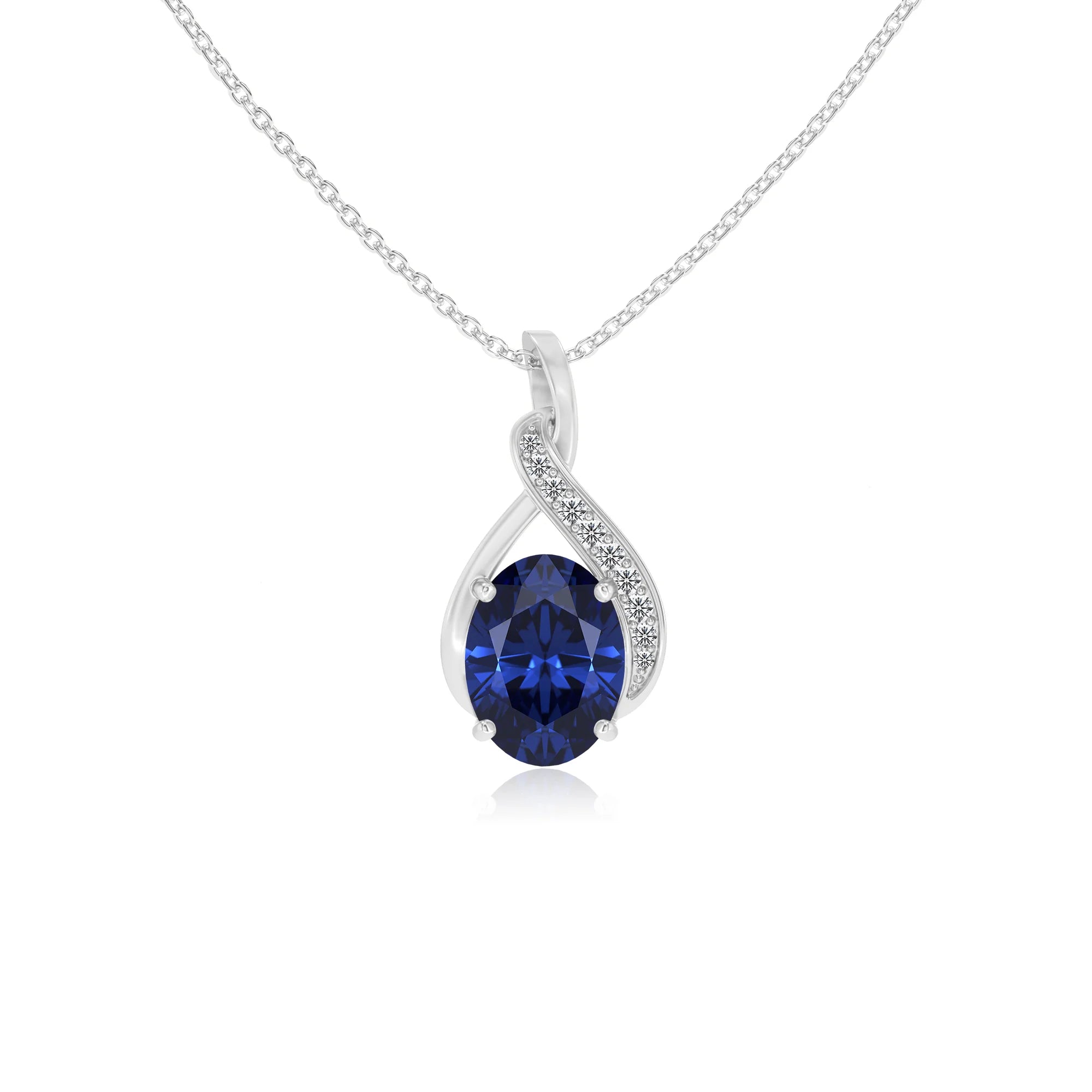lab grown blue-sapphire oval solitaire necklaces in white gold 