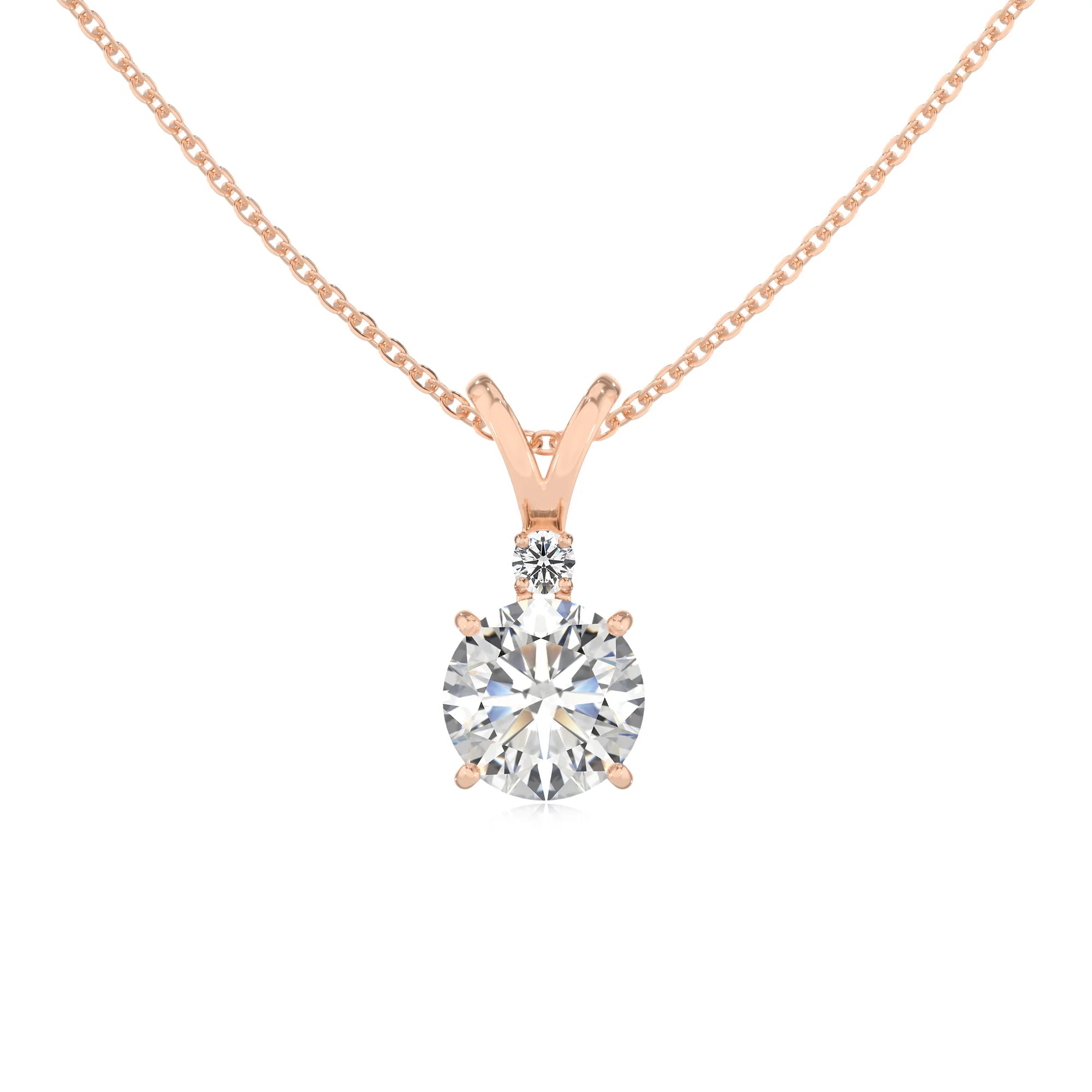 lab grown moissanite round solitaire v-bale necklaces in rose gold 